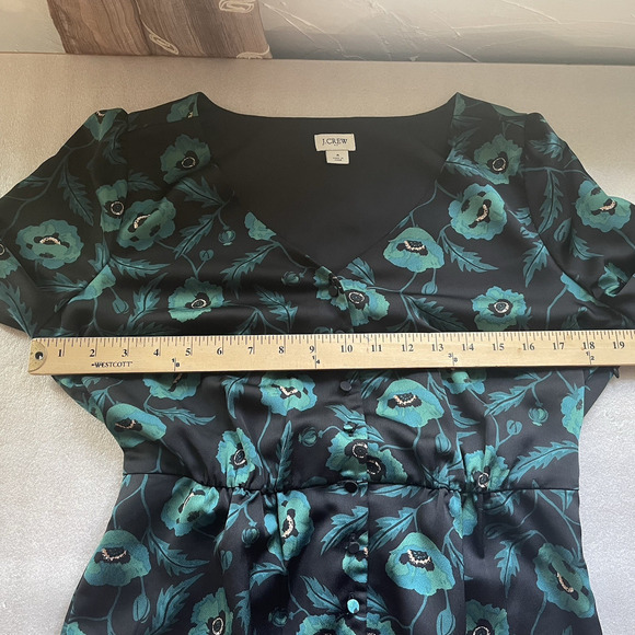 J Crew Shirt Women 6 Black Green Poppies Button Up Bloomcore Blouse Grunge Top - Picture 6 of 14